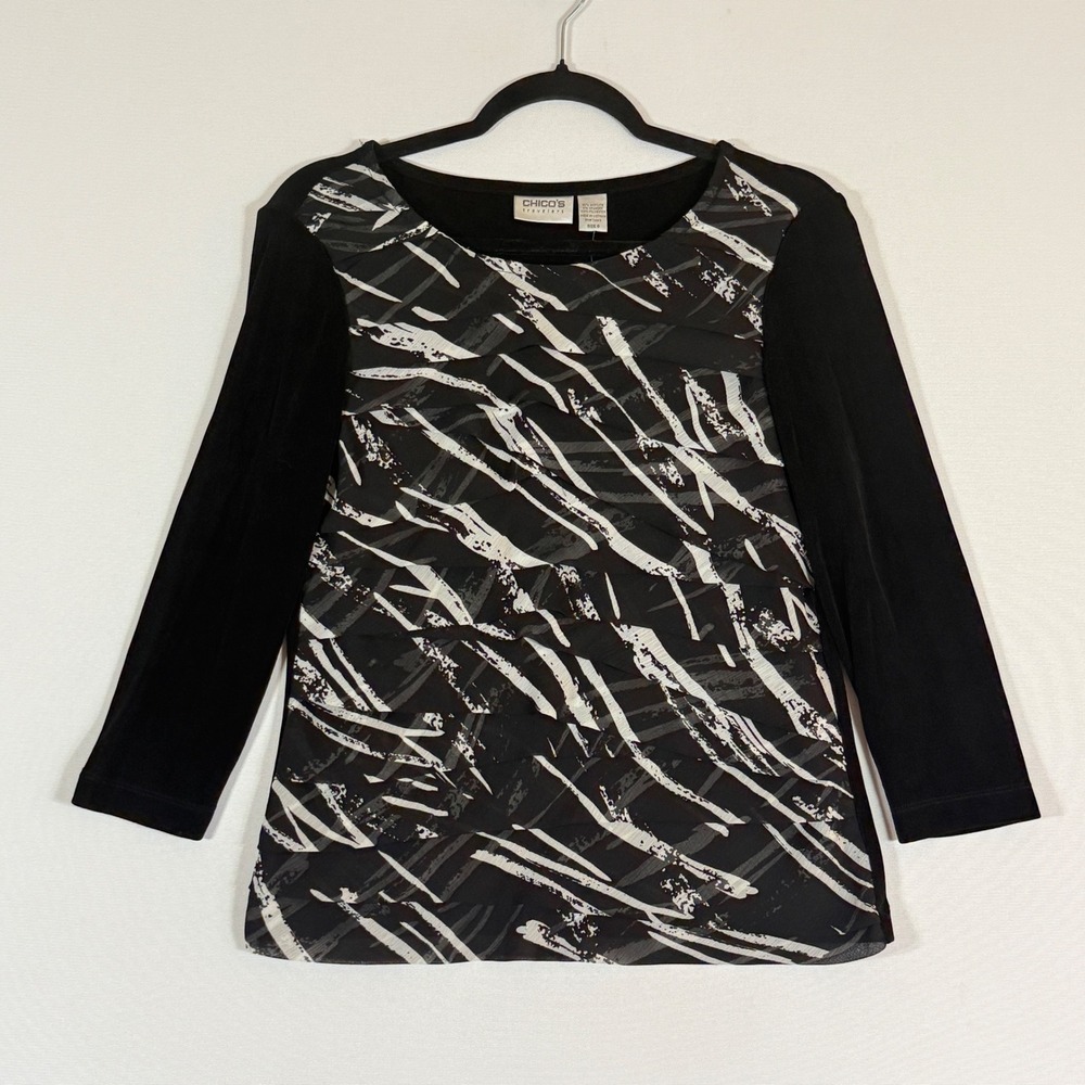 NEW Chico's Travelers Sz 0 Small Top Black Ecru Slinky Paint Brush Artsy Layered
